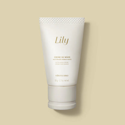 Textura e embalagem do creme de mãos Lily com acabamento acetinado