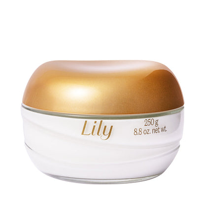 Frasco do Creme Acetinado Lily 250g O Boticário com tampa dourada, design elegante.
