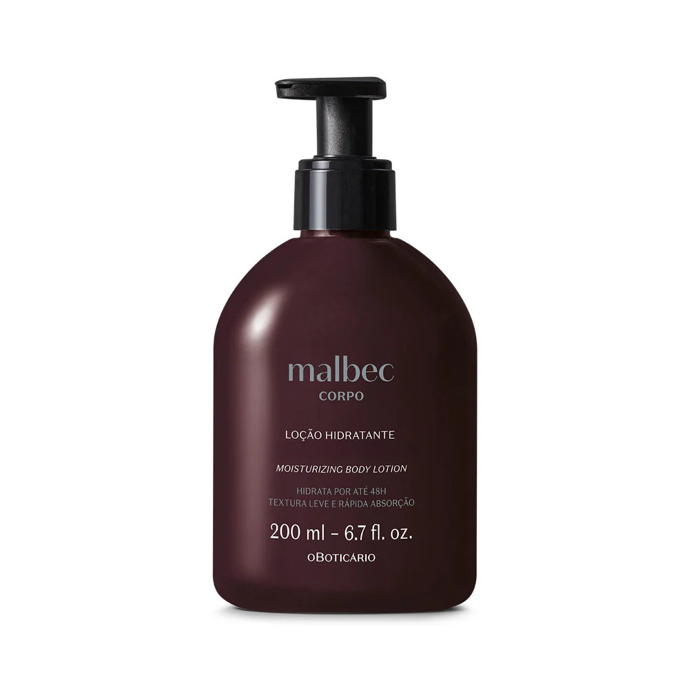 Frasco de loção corporal Malbec com design elegante masculino