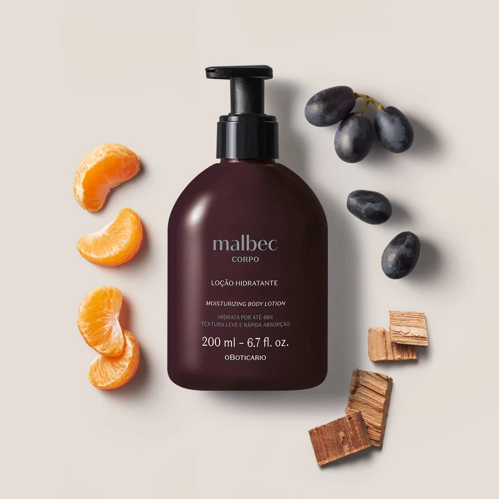 Loção Malbec com notas olfativas representadas por uva, madeira e citrinos