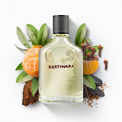Perfume Portinari com notas olfativas ilustradas de tangerina, especiarias e madeiras