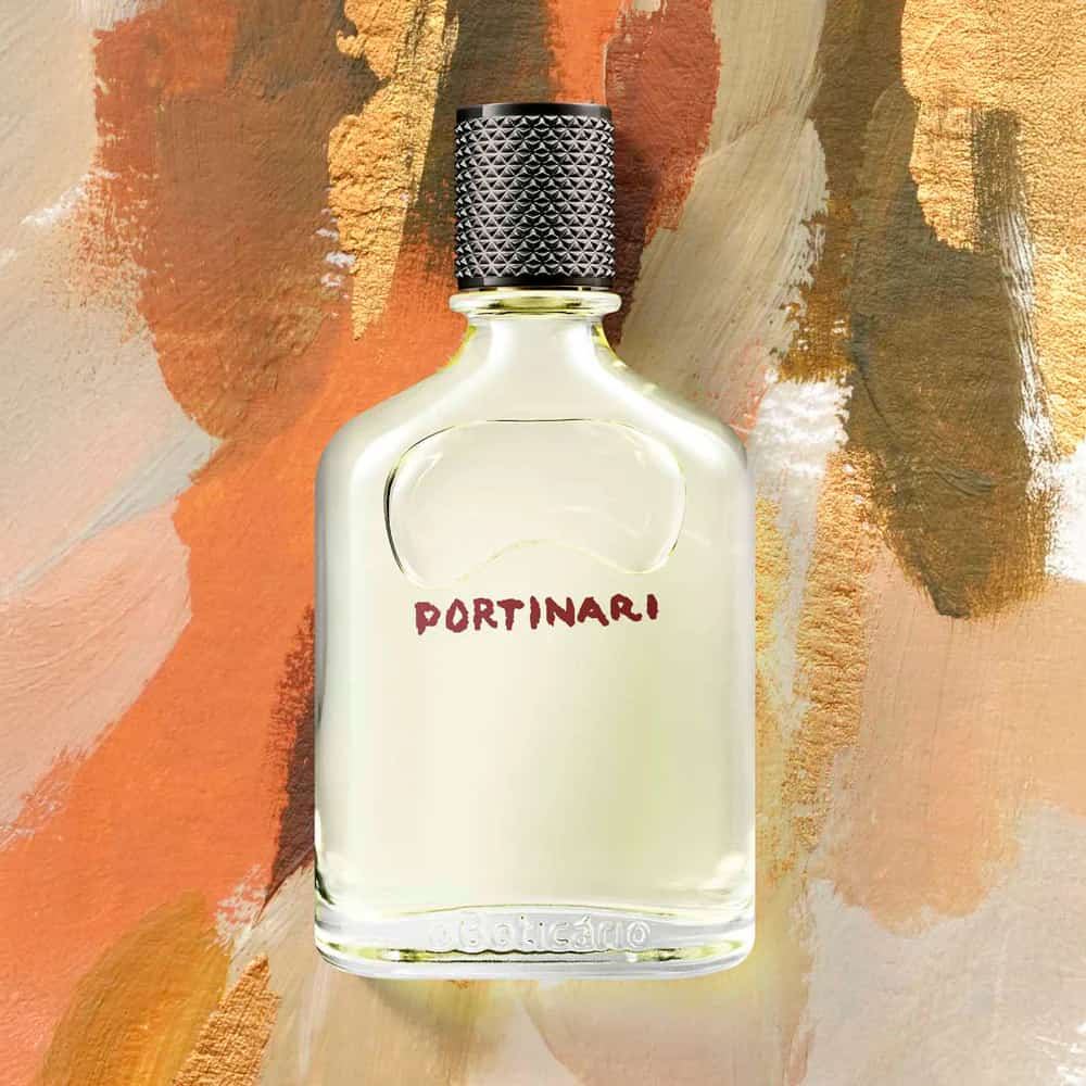 Frasco Portinari perfume masculino com fundo artístico em tons quentes e textura pictórica