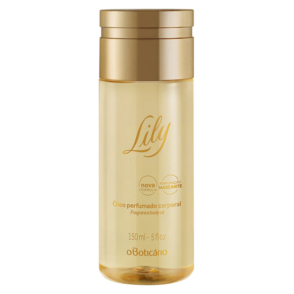 Frasco Lily óleo perfumado corporal textura leve e acabamento dourado