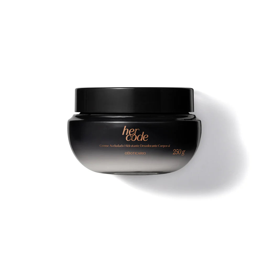 Embalagem do creme hidratante corporal Her Code 250g oBoticário