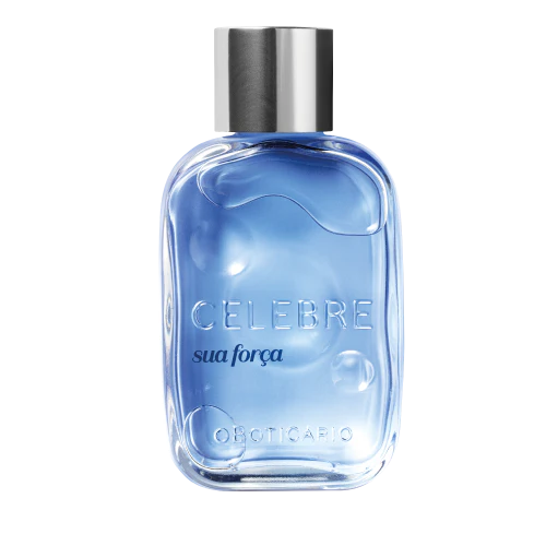 Celebre Sua Força Eau de Toilette Masculino 100 ml O Boticário, frasco azul translúcido com tampa prateada, perfume fougère aromático fresco.