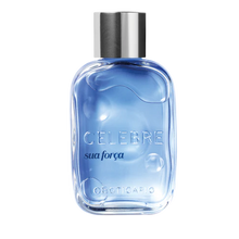 Celebre Sua Força Eau de Toilette Masculino 100 ml O Boticário, frasco azul translúcido com tampa prateada, perfume fougère aromático fresco.
