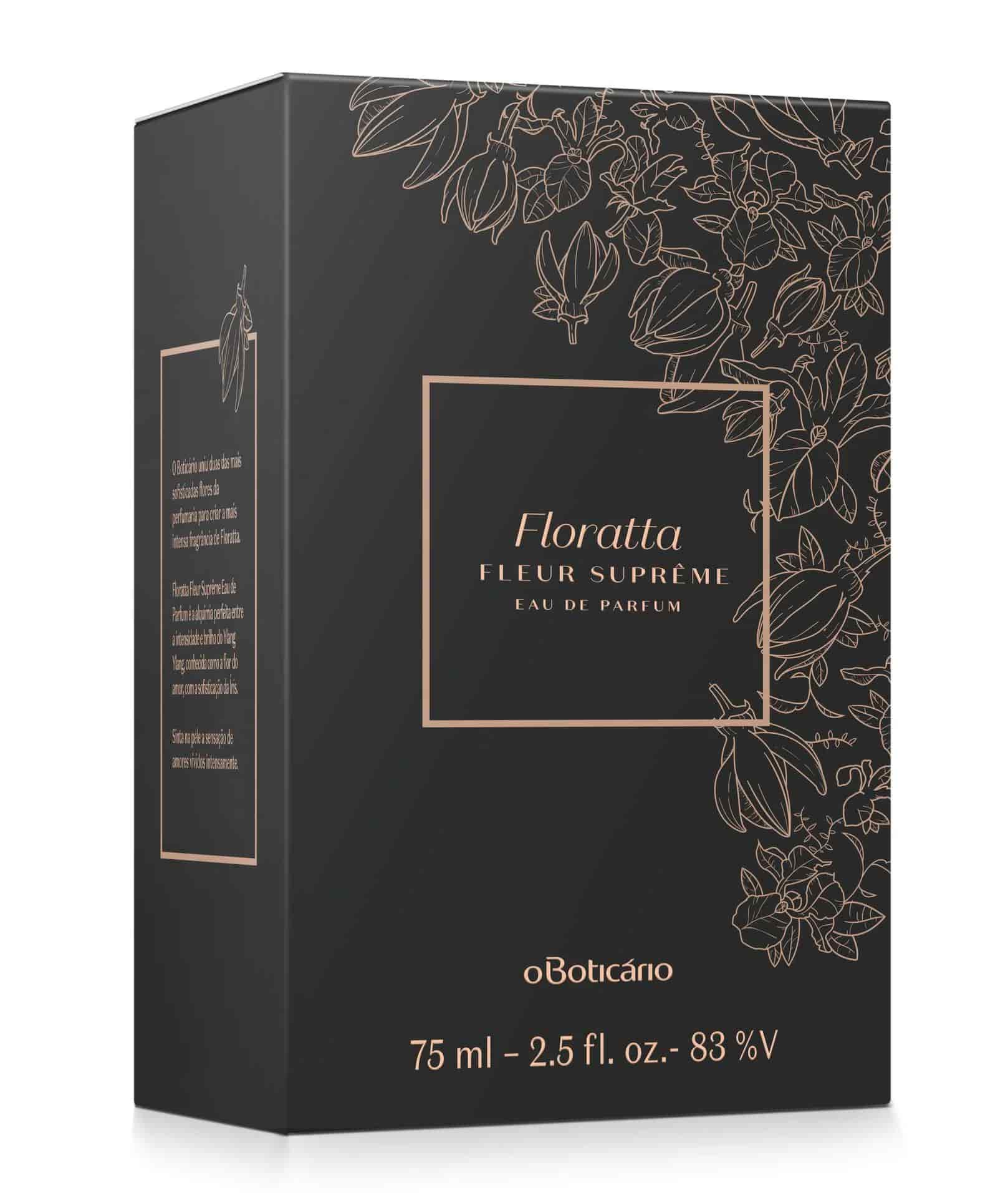 Caixa Floratta Fleur Suprême Eau de Parfum embalagem preta com detalhes florais dourados