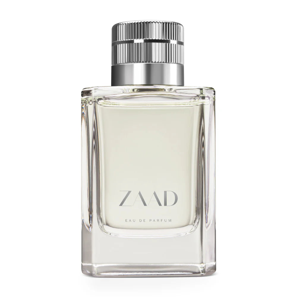 Zaad Eau de Parfum perfume masculino amadeirado fresco e especiado frasco de vidro transparente com tampa prateada