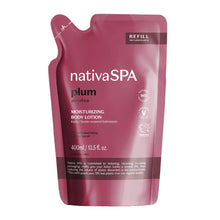 Refil da Loção Hidratante Nativa SPA Ameixa 400 ml – embalagem flexível roxa com rótulo branco e indicação de 75% menos plástico.