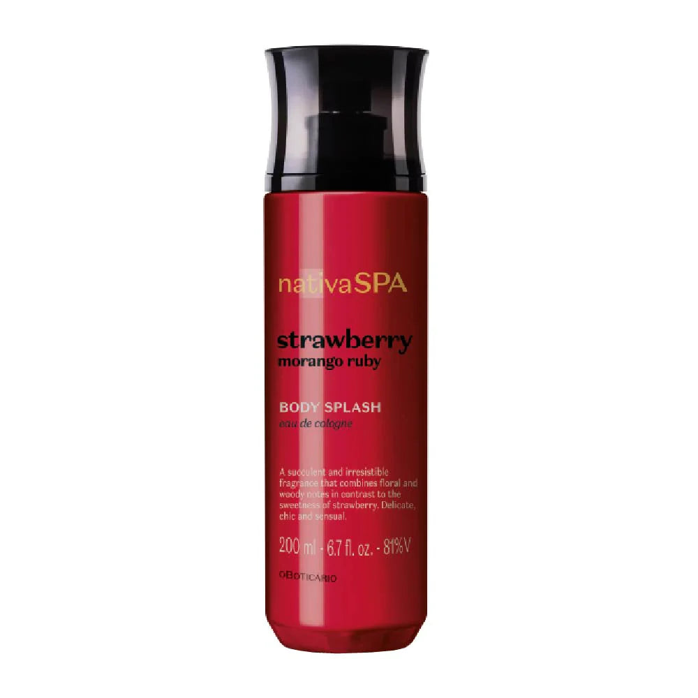 Body Splash Nativa Spa Morango Ruby 200ml embalagem vermelha translúcida com tampa preta O Boticário