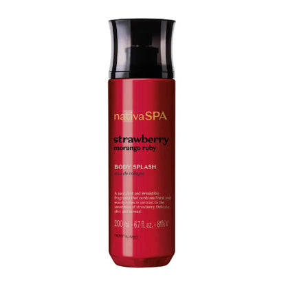 Body Splash Nativa Spa Morango Ruby 200ml embalagem vermelha translúcida com tampa preta O Boticário