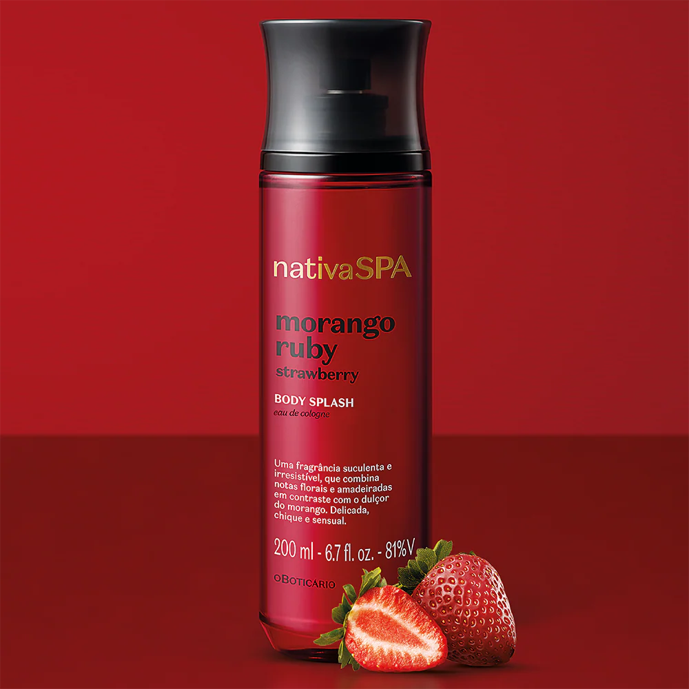 Nativa Spa Morango Ruby Body Splash 200ml frasco vermelho com morangos O Boticário fundo vermelho
