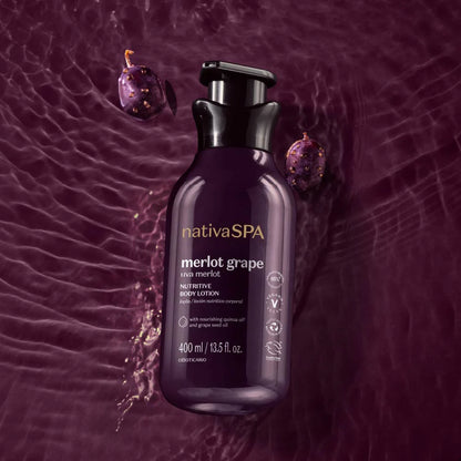 Embalagem loção Nativa SPA Uva Merlot em fundo sensorial vinho