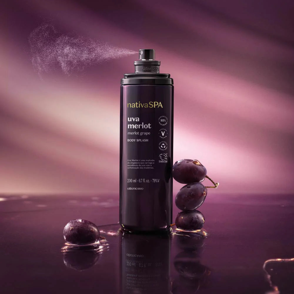 Body Splash Nativa Spa Uva Merlot com uvas frescas e fundo roxo sensorial
