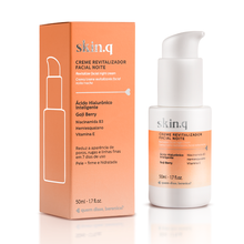 Creme Revitalizador Facial Noite Skin.q – 50ml – oBoticário, frasco branco com doseador e caixa laranja, com Ácido Hialurónico Inteligente, Goji Berry e Niacinamida.