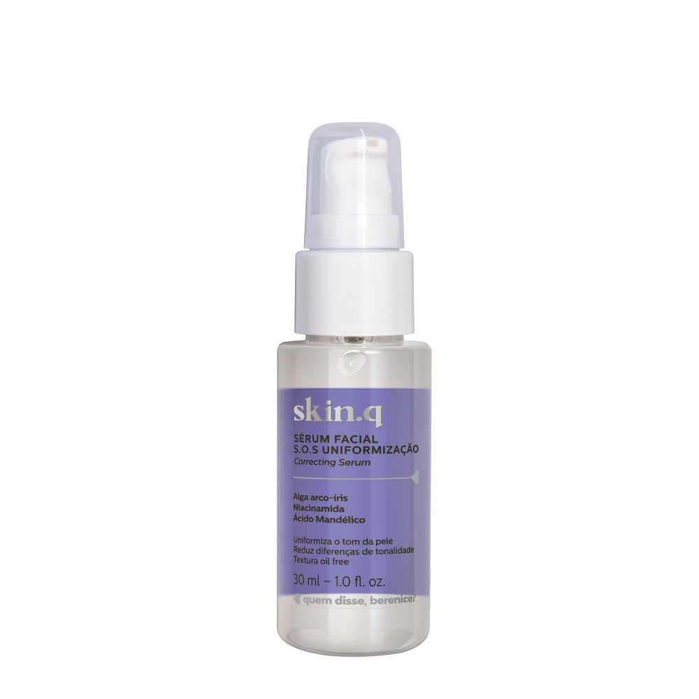 Sérum Facial S.O.S Uniformização – 30ml – Skin.q – oBoticário, frasco com doseador branco e rótulo lilás, fórmula oil free com Alga Arco-Íris, Niacinamida e Ácido Mandélico para uniformizar o tom da pele e reduzir diferenças de tonalidade.