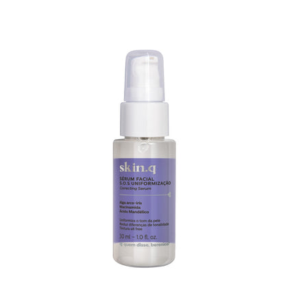Sérum Facial S.O.S Uniformização – 30ml – Skin.q – oBoticário, frasco com doseador branco e rótulo lilás, fórmula oil free com Alga Arco-Íris, Niacinamida e Ácido Mandélico para uniformizar o tom da pele e reduzir diferenças de tonalidade.