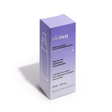 Caixa lilás do Sérum Facial S.O.S Uniformização – Skin.q – oBoticário, com destaque para os principais ativos Alga Arco-Íris, Niacinamida e Ácido Mandélico, que ajudam a uniformizar o tom da pele e melhorar a luminosidade.