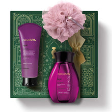 Kit de Natal Nativa SPA Açaí do oBoticário — caixa verde com laço dourado, frascos roxos da linha Açaí, esponja de banho rosa e produtos hidratantes corporais.