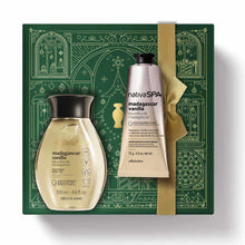 Kit de Natal Nativa SPA Baunilha de Madagáscar do oBoticário — caixa verde com laço dourado, frascos dourados da linha Baunilha e creme de mãos prateado.