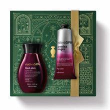 Kit de Natal Nativa SPA Ameixa Negra do oBoticário — caixa verde com laço dourado, frascos roxos da linha Ameixa Negra e creme de mãos prateado.
