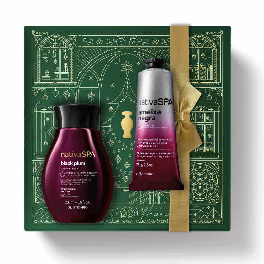 Kit de Natal Nativa SPA Ameixa Negra do oBoticário — caixa verde com laço dourado, frascos roxos da linha Ameixa Negra e creme de mãos prateado.