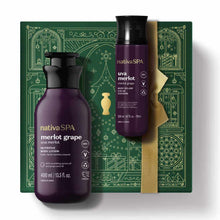 Kit de Natal Nativa SPA Uva Merlot do oBoticário — caixa verde com laço dourado, frascos roxos da linha Uva Merlot, loção corporal e body splash.