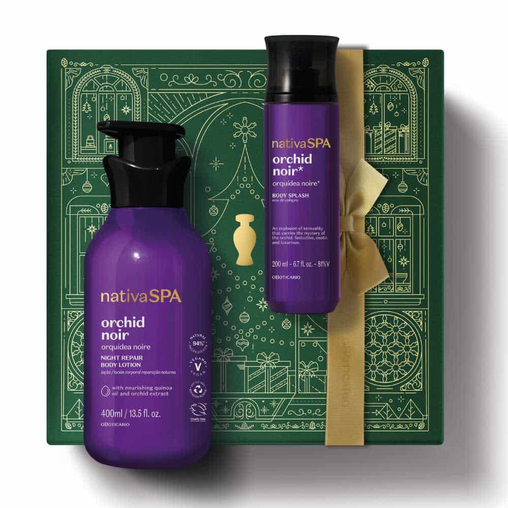 Kit de Natal Nativa SPA Orquídea Noire do oBoticário — caixa verde com laço dourado, frascos roxos da linha Orquídea Noire, loção corporal e body splash.