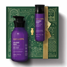 Kit de Natal Nativa SPA Orquídea Noire do oBoticário — caixa verde com laço dourado, frascos roxos da linha Orquídea Noire, loção corporal e body splash.