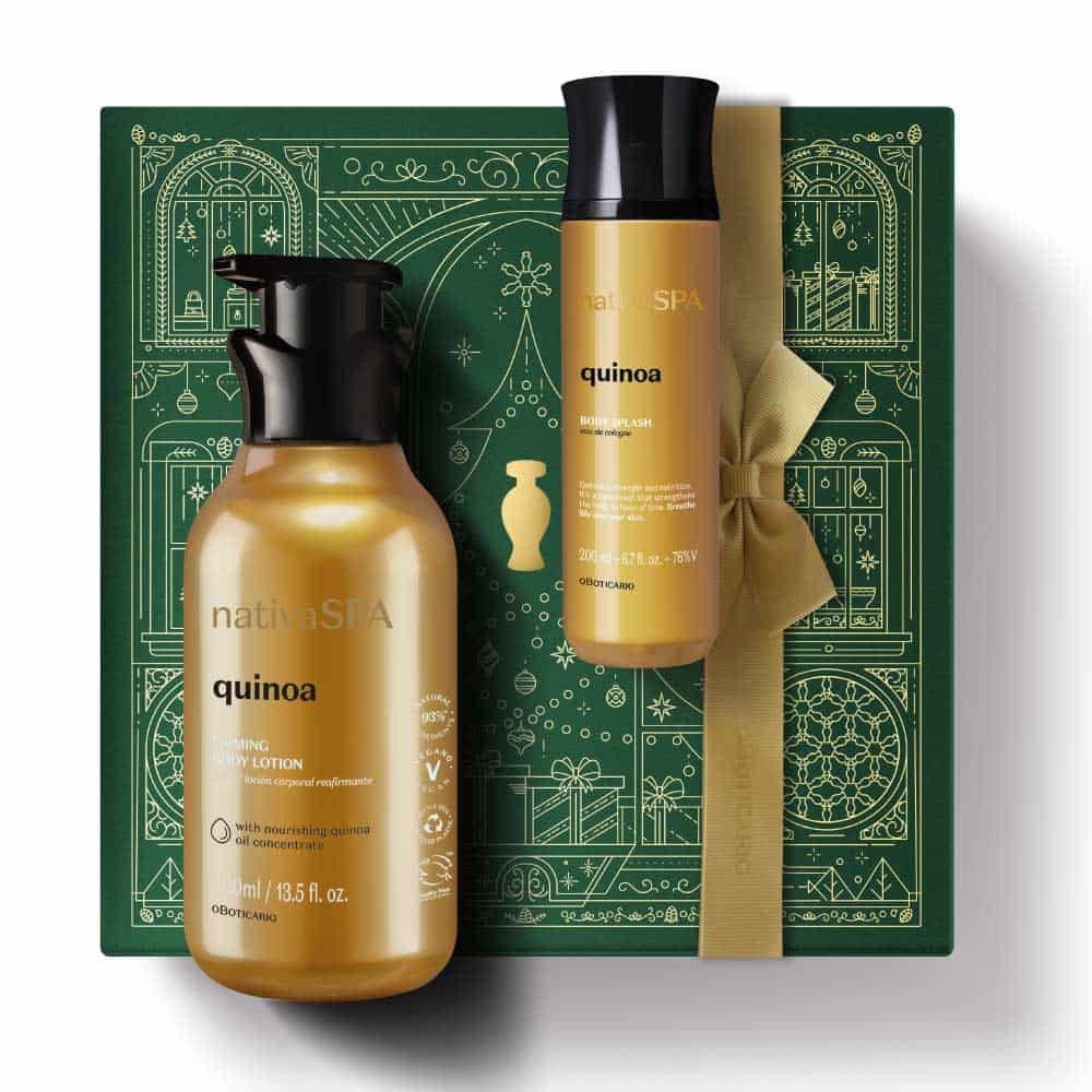 Kit de Natal Nativa SPA Quinoa do oBoticário — caixa verde com laço dourado, frascos dourados da linha Quinoa, loção corporal e body splash.