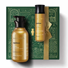 Kit de Natal Nativa SPA Quinoa do oBoticário — caixa verde com laço dourado, frascos dourados da linha Quinoa, loção corporal e body splash.