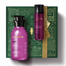 Kit de Natal Nativa SPA Açaí do oBoticário — caixa verde com laço dourado, frascos roxos da linha Açaí, loção corporal e body splash.