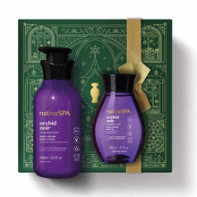 Kit de Natal Nativa SPA Óleo Orquídea Noire do oBoticário — caixa verde com laço dourado, frascos roxos da linha Orquídea Noire, loção corporal e óleo hidratante.
