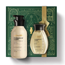 Kit de Natal Nativa SPA Baunilha de Madagáscar do oBoticário — caixa verde com laço dourado, frascos bege da linha Baunilha, loção corporal e óleo hidratante.