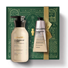 Kit de Natal Nativa SPA Baunilha de Madagáscar do oBoticário — caixa verde com laço dourado, frascos bege da linha Baunilha, loção corporal e creme de mãos.