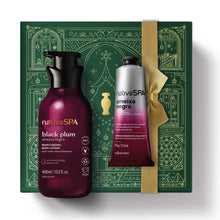 Kit de Natal Nativa SPA Ameixa Negra do oBoticário — caixa verde com laço dourado, frascos cor ameixa, loção corporal e creme de mãos.