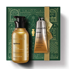 Kit de Natal Nativa SPA Quinoa do oBoticário — caixa verde com laço dourado, loção corporal e creme de mãos em tons dourados, fragrância quente e elegante.