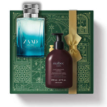 Kit de Natal oBoticário Zaad Arctic + Malbec — caixa verde com laço dourado, frasco azul do perfume e loção corporal castanha, presente masculino elegante.