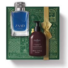 Kit de Natal oBoticário Zaad Mondo + Malbec — caixa verde com laço dourado, frasco azul do perfume e loção corporal castanha, presente masculino elegante.