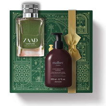 Kit de Natal oBoticário Zaad Venture + Malbec — caixa verde com laço dourado, frasco verde do perfume e loção corporal castanha, presente masculino elegante e aventureiro.