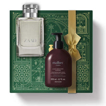 Kit de Natal oBoticário Zaad + Malbec — caixa verde com laço dourado, frasco transparente do perfume Zaad e loção corporal castanha Malbec, presente masculino sofisticado.