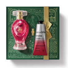 Kit de Natal oBoticário Botica 214 African Sunrise + Ameixa — caixa verde com laço dourado, perfume rosa elegante e creme de mãos prateado, presente feminino sofisticado.