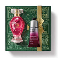 Kit de Natal oBoticário Botica 214 African Sunrise + Ameixa Negra — caixa verde com laço dourado, perfume rosa e creme de mãos prateado, presente feminino elegante.