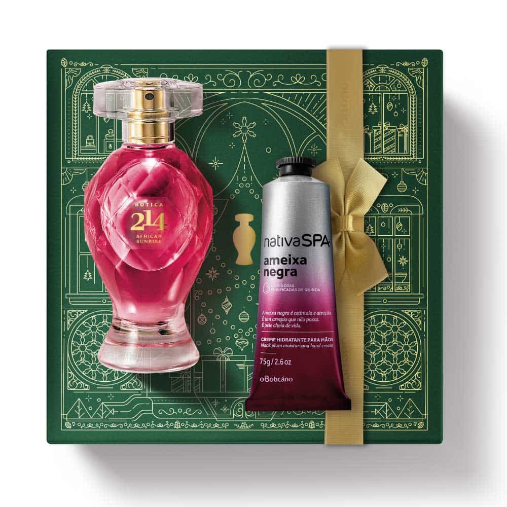 Kit de Natal oBoticário Botica 214 African Sunrise + Ameixa Negra — caixa verde com laço dourado, perfume rosa e creme de mãos prateado, presente feminino elegante.
