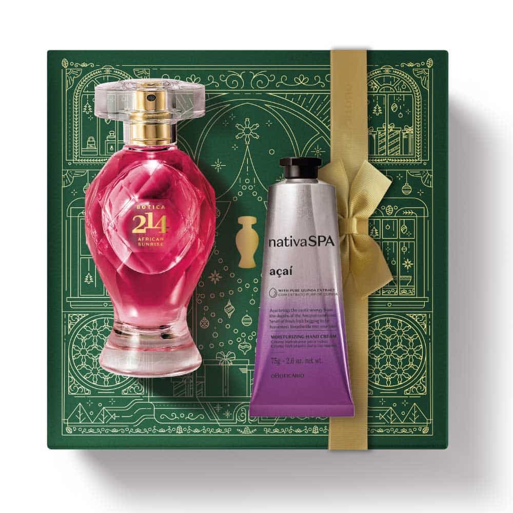 Kit de Natal oBoticário Botica 214 African Sunrise + Açaí — caixa verde com laço dourado, perfume rosa e creme de mãos lilás, presente feminino vibrante e elegante.