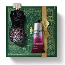Kit de Natal oBoticário Glamour Secrets Black Intense + Ameixa Negra — caixa verde com laço dourado, perfume preto rendado e creme de mãos prateado, presente feminino sofisticado.