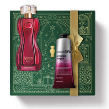 Kit de Natal oBoticário Glamour Diva + Ameixa Negra — caixa verde com laço dourado, perfume vermelho elegante e creme de mãos prateado, presente feminino sofisticado.