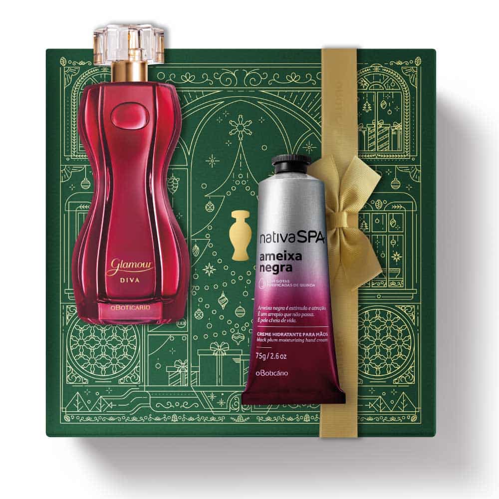 Kit de Natal oBoticário Glamour Diva + Ameixa Negra — caixa verde com laço dourado, perfume vermelho elegante e creme de mãos prateado, presente feminino sofisticado.