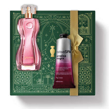 Kit de Natal oBoticário Glamour + Ameixa Negra — caixa verde com laço dourado, perfume rosa e creme de mãos ameixa negra, presente feminino elegante e marcante.