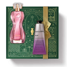 Kit de Natal oBoticário Glamour + Açaí — caixa verde com laço dourado, perfume rosa e creme de mãos lilás, presente feminino elegante e fresco.